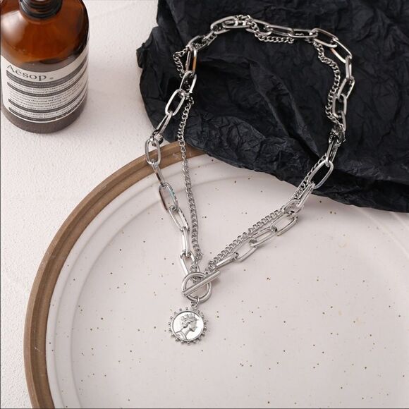 Necklace double chain Coin Silver Alloy versatile cute - Picture 4 of 7